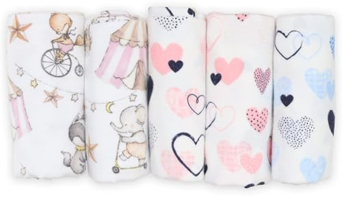 FENSILO Panni in molton, confezione da 5 pannolini in flanella in 100% cotone, 80 x 80 cm, pannolini in molton, unisex, per ragazzi o ragazze, cuore