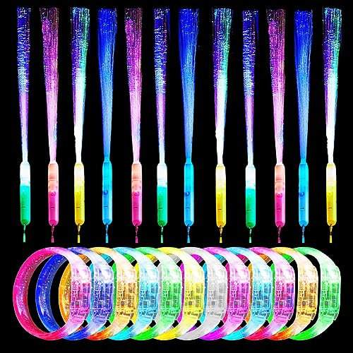 Gohytal 12 Stück Leuchtstäbe, LED Leuchtstab Glasfaser mit Leuchtendes Armband, Kinder Knicklichter Partyzubehör, 3 Modi Bunt LED-Leuchtstäbe für Partygeschenke, Köln Karneval, Valentinstag, Konzert