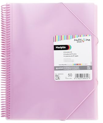 Grafoplas - Carpeta con Fundas Transparentes, A4, Rosa Claro, 50 Forros de Polipropileno Extra, Tapas de Plástico Flexible, Espiral PVC, Maxiplás Multiline, Perfecto como Material Escolar y Oficina