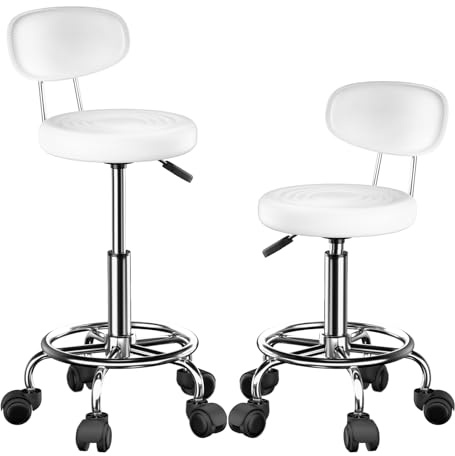 HAMHAIGO Juego de 2 Taburete Giratorio con Ruedas, Taburete Blanco con Ruedas, Taburete Acolchado y Respaldo Altura Ajustable 47-62cm, Taburete Peluqueria Silla Maquillaje Taburete de Oficina