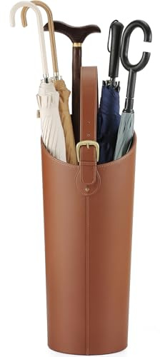 ELPMD Brown Artificial Leather Tall Umbrella Holer Entryway Indoor for Business Office,22.4 Inch Umbrella Stand Entryway with Removable Water Tray 2 Hooks