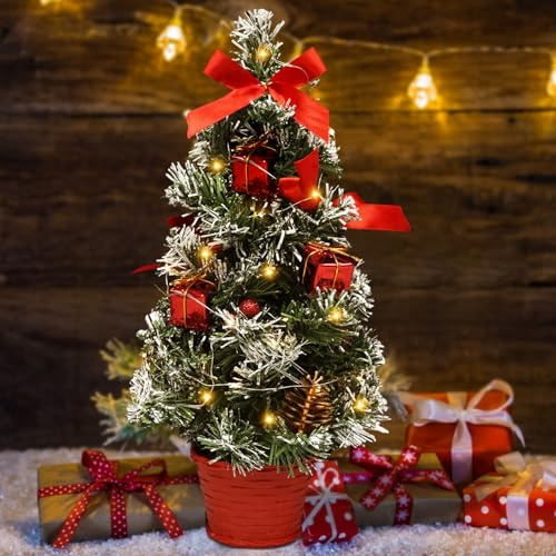 Mini julgran, liten julgran, konstgjord julgran, 40 cm julgransbelysning med 20 LED-lampor, julkulor, grankottar, rosetter, jul, dekoration, hem, kontor, bordsdekoration (röd)