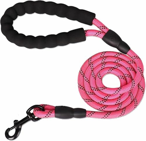 Heavy Duty Rope Dog Lead 5FT - Durable Anti-Slip Leash with Soft Padded Handle, Reflective Nylon Training Lead for Walking, Running, and Obedience – for Small, Medium & Large Dogs (Pink, Medium)
