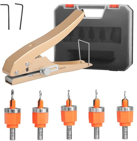 6Pcs Limit Countersink Drill Bit Set with Hole Punch, Adjustable Depth Wood Countersink Drill Bit Kit, Includes 1/8-5/32 Bits & 3/8 Punch, Perfect for Woodworking & PVC Edge Banding (Bits + Plier)