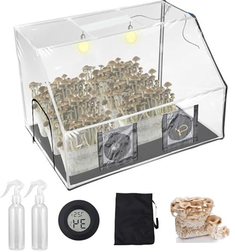 90*60*60cm Caja De Cultivo De Setas, Kit De Cultivo Micológico De Setas, Visibilidad Transparente, Puños Estirables Y Ajustables, Espacio Reducido, Con 2 Pulverizadores Y Termómetro, Para Muchos Tipos