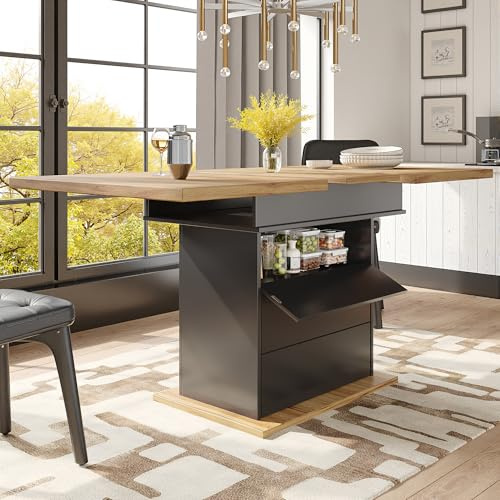 Moimhear Esstisch Teleskoptisch (110-140x80x75cm), klappbarer Küchentisch, Ausziehbarer Esstisch, für Küche, mit DREI Ablageebenen (Stil 1, Schwarz+Holz)