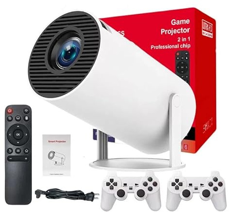 Faatchoi Bärbar minispelvideoprojektor, 30 000+ förinstallerade spel, Android TV 11.0 smart projektor, 360 ANSI, WiFi och Bluetooth, 1080P HD, perfekt för hemmabio, spel.