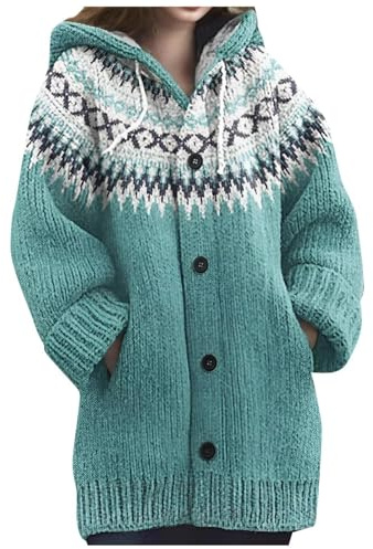 Cárdigan Largo Mujer Punto Grueso Hoodie Pullover Suéter Cardigan 3D Estampado Digital Invierno Elegante Chaqueta Cálida Oversize Suéter Navideño con Botones