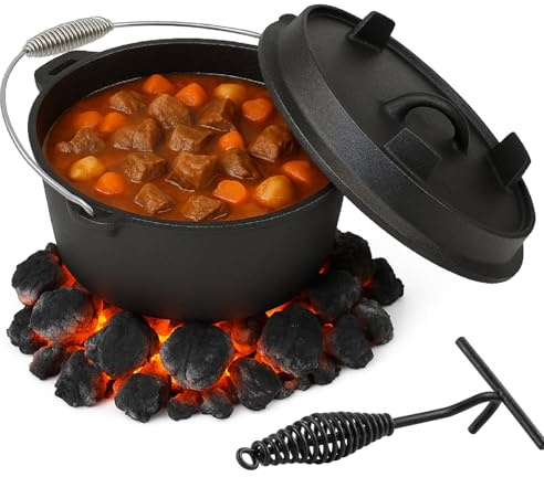 QLS Gusseisen Feuertopf 6 Liter zum Aufhängen – Robuster Dutch Oven für Outdoor, Garten – Gulaschkessel aus massivem Gusseisen mit Tragegriff
