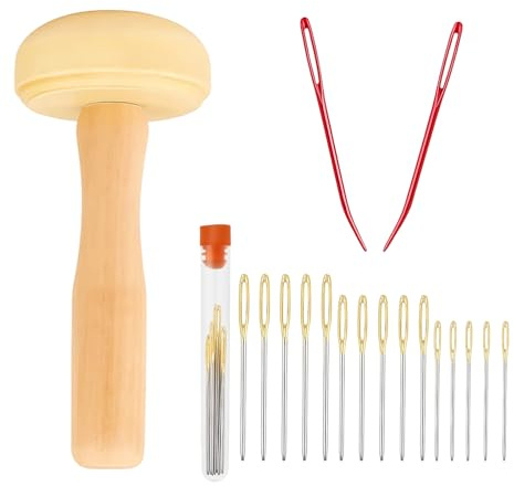 Stopppilz Mit Stopfnadel Und Nadeleinfädler, 1 Set Inklusive 15 Goldene Stopfnadeln Und 2 Rote Gebogene Nadeln, Praktisches Nähzubehör Für Textilreparaturen, Maße 11 X 5 Cm