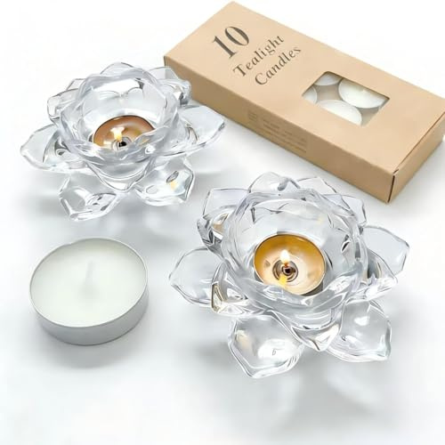 Porta Velas Cristal con 10 Velas Tealight, Flor de Loto de Cristal, Portavelas de Te de Flor de Loto, Candle Holder de Vidrio, para Portavelas, Joyero (Claro (2 Paquete))
