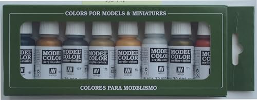 Vallejo Modellfarbe Set mit 8 Metallic-Farben in 18 ml Flaschen mit Tropfer und Farbkarte für Modellbau und Modelle. Ideal für detailreiche Lackierungen und kreative Projekte.