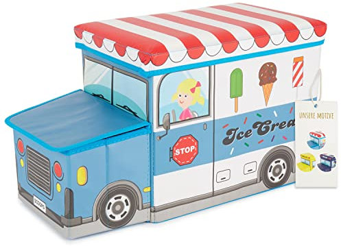 Bieco Aufbewahrungsbox mit Deckel Kinder Icecream, faltbar, Sitzhocker mit Sitzgelegenheit, und Polsterung, Spielzeugkiste mit Stauraum, Sitztruhe, Jungen & Mädchen, 46 L, Belastbar bis 80 Kg, gelb