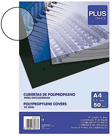 Plus Office - Portadas para Encuadernar de Polipropileno, 800 micras, Pack de 50 unidades, Cubiertas de Encuadernación de Plástico Color Transparente, Formato A4
