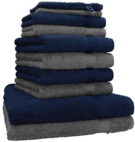 Betz 10-TLG. Handtuch-Set Premium 100% Baumwolle 2 Duschtücher 4 Handtücher 2 Gästetücher 2 Waschhandschuhe Farbe Anthrazit & Dunkel Blau