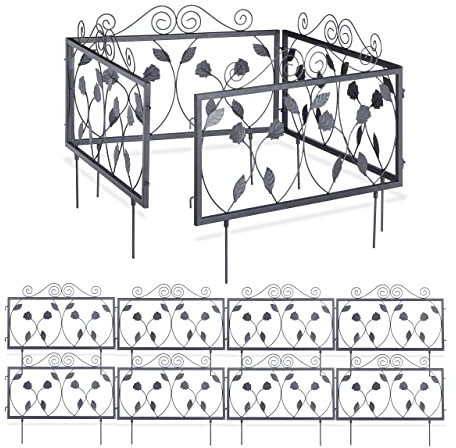 Relaxdays Clôture décorative de Jardin en métal, 12 Panneaux extérieurs avec Feuilles, Bordure de Jardin Vintage, 6,75 m, Noir