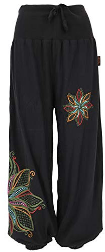 GURU SHOP Weite Pluderhose mit Breitem Bund, Blumenstickerei - Schwarz, Damen, Baumwolle, Size:S/M