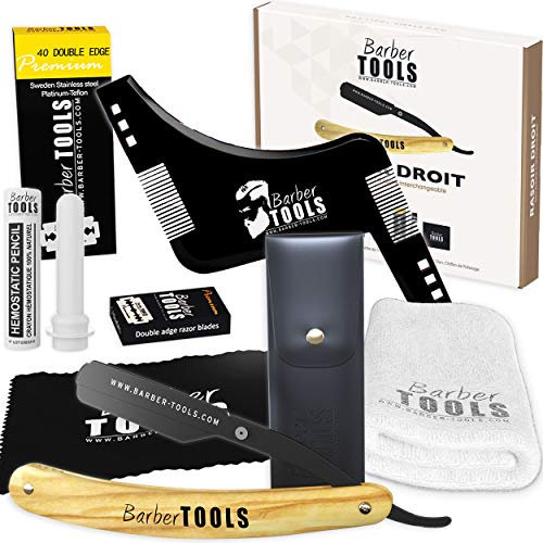 Rasierset – Rasiermesser mit auswechselbarer Klinge + 40 Doppelklingen (80 Einzelklingen) + Tuch + Alaun-Stick + Aufbewahrungsetui + Rasierhandtuch + Schablonenkamm
