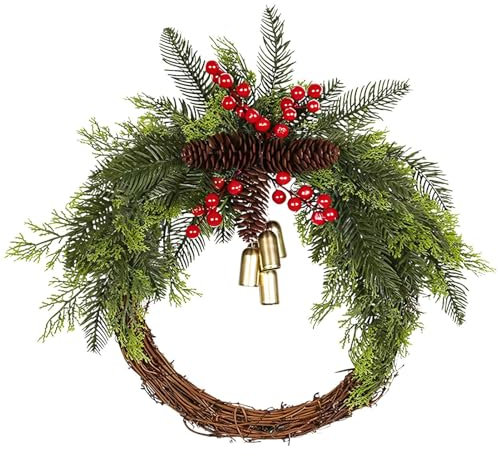 Farmhouse Wreath,Bauernhaus Weihnachtskranz,Rattan-Weihnachtskranz mit Glocken,Rustikaler Weihnachtskranz für die Haustür,Künstlicher Weihnachtstürkranz,Weihnachtsdekoration Kranz,30 cm