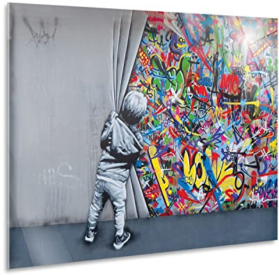 Giallobus - Gemälde - Banksy - Kind öffnet den Vorhang - Acrylglas - 100x70 - Bereit zum Aufhängen - Moderne Gemälde für zu Hause