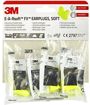 3M Bouchons d'oreilles, doux, E-A-Rsoft FX, jaune, protection auditive contre les niveaux de bruit dans la plage de 94-105 dB (SNR 39 dB), (1 pack de 5 paires)