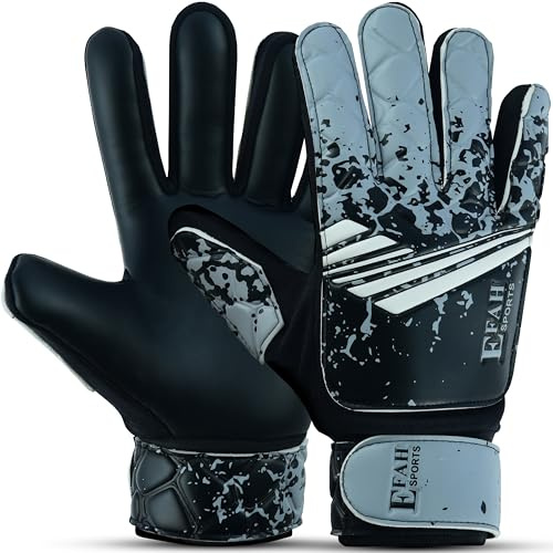 EFAH SPORTS Guantes de Portero de fútbol para niños y niñas con Fuerte apretones Palmas (Size 5 Suitable for 9 to 12 Years Old, Black Grey)