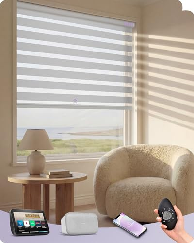 Graywind Textured Weave Motorised Zebra Blinds, Dim-Out or Translucent Dual-Layer Design, Rechargeable Smart Electric Day Night Blinds, Made to Measure, Alexa Google Compatible, Luxury Silver White