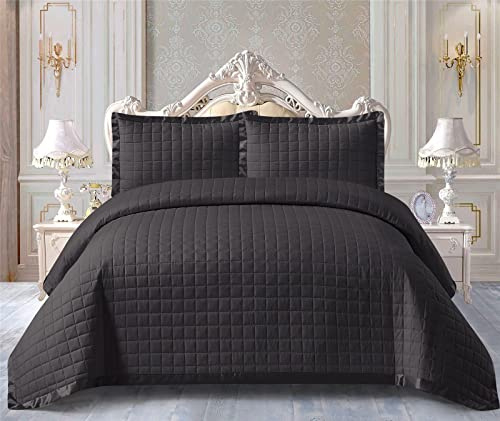 PRIME LINENS Quilted Bedspread Bed Throw 3 Piece Bedding Set Includes Comforter and 2 Pillow Cases Bedroom Décor Embossed Quilt Bedding Set Osca (Black, King)