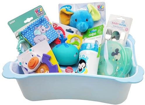 VIP Geschenk zur Geburt Geschenkkorb Taufgeschenk im Trittschemel (Blau - Jungen)