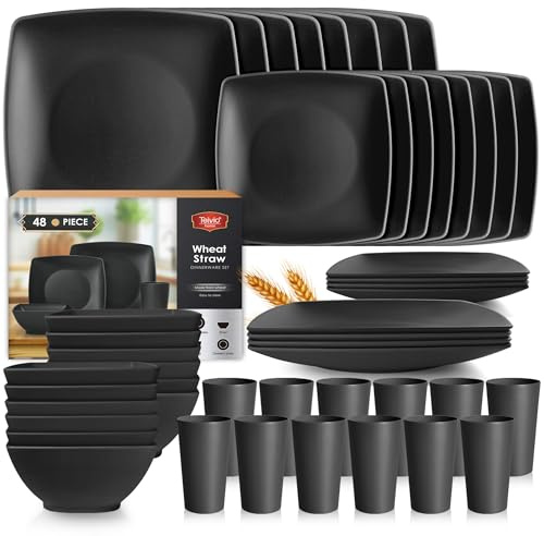 Teivio 48-piece Wheat Straw Square Dinnerware Set for 12, Unbreakable Dinner Plates, Salad Plates, Snack Bowls, Tumblers 13.5 oz, Dishwasher Safe, Black