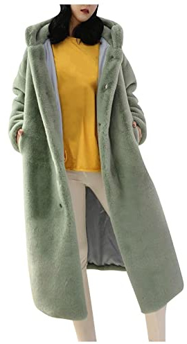 L9WEI L9 Women's Oversized Faux Fur Coat With Hood - Elegant Long Warm Plush Jacket, Loose Winter Coat, X01 Green