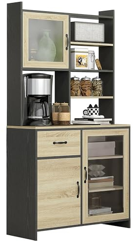 HOMCOM Armoire de Cuisine Buffet Cuisine Meuble de Rangement avec 1 tiroir 3 placards étagères 2 Portes vitrées - 90 x 39 x 177 cm Noir Naturel