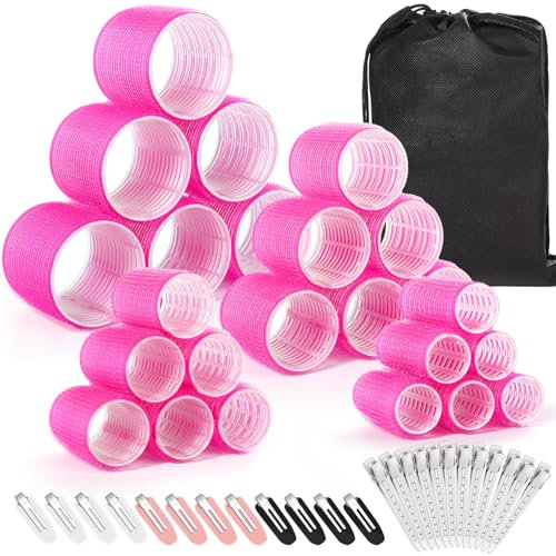 Lockenwickler-Set, 48-teilig: 24 Wickler in 4 Größen (6 Jumbo/6 Groß/6 Mittel/6 Klein) und 24 Haarspangen für Langes, Mittelkurzes Haar (Rosa)