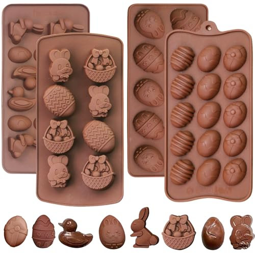 Pralinenform Silikon Ostern, 4 Stück Ostern Silikon Schokoladenformen, schokoladenform silikon ostern, Silikonform Ostereier, Backform Osterhasen für DIY Schokolade, Süßigkeiten, Gelee, Eiswürfel