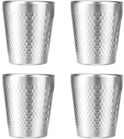 TIICOO Edelstahlbecher 4 Packungen 300 ml, Stapelbar Doppelwandig Isoliert Metall Bruchsicher Titanbeschichtete Diamantstrukturierte Oberfläche Hitzebeständig Spülmaschinenfest (Silber - 4er Set)