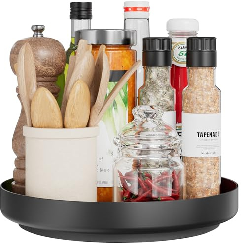 Roterbar Kryddhylla Lazy Susan - 360° roterande metallbricka organiserare 28 cm för skafferi köksskåp badrumsbänk kylskåp bord, svart