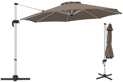 GOPLUS Parasol Déporté Inclinable 3m Manivelle, 8 Baleines, Double Auvent, Base Croisée, Rotatif 360° Terrasse Plage Marché, H2,6m