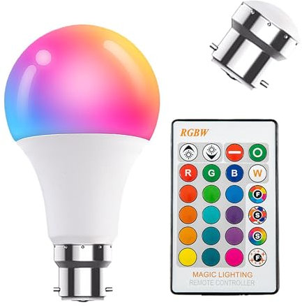 INDOTEAM Smart Colour Changing LED Light Bulb with Remote Control | RGB LED Lights | B22 Mood Light | Dimmable Coloured Lightbulb | Remote Controller Included | 1 Pack of 8W RGB Bulb