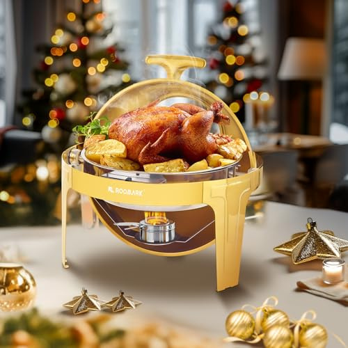 Roomark 6L Buffet Chafing Dish Set, Redondo Calentadores de Alimentos de Acero Inoxidable,Calentadores de Comida para Buffet, Servidor de Buffet para Bodas,Catering y Fiestas, Oro