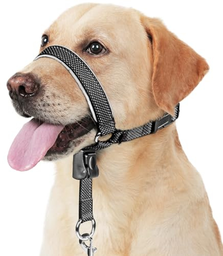 BARKLESS Dog Head Collar, Soft No Pull Dog Head Halter, Reflective Dog Muzzle Leash with Safety Link, Adjustable Headcollar, Padded Nose Leash for Large Medium Dogs Training Walking (Black, XL)
