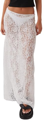FeMereina Falda larga de encaje para mujer, cintura alta, transparente, acampanada, falda midi Y2K, para verano, elegante, playa, fiesta, maxi faldas
