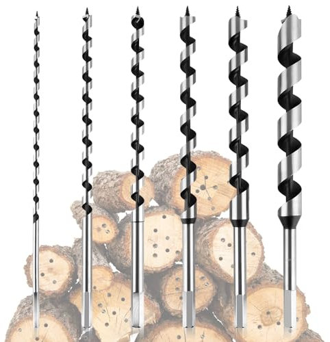 6Pcs Long Auger Drill Bit Set for Wood,Fast Drilling, Carbon Steel Extra Long Bit, Multi-Size 1/4, 3/8, 1/2, 5/8, 3/4, 7/8 Hex Shank Auger Drill, Suitable for Hard and Soft Wood