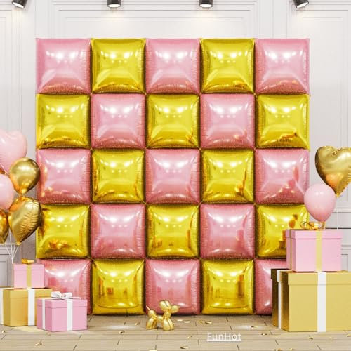 Pearl Pink and Gold Square Foil Balloon Wall,19 Inches Double Sided Chrome Square Balloons Tunnel Arch Kit for Girls Birthday Baby Shower Wedding Bridal Shower Party Decorations