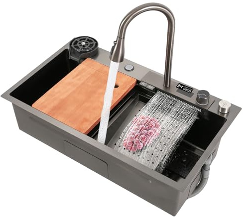 HUOMMGS Lavello da cucina in acciaio inox, 80 x 46 cm, nero, rettangolare, con rubinetto, regolatore di temperatura e nano-galvanizzazione, per casa, bar, ristoranti