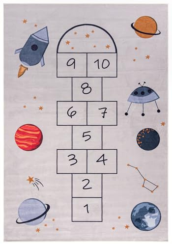 Mazovia Alfombra Beige Infantil Rayuela,Cosmos - Sala Infantil - Pilas Cortas Rectángulo Certificado Oeko-Tex® Colorido - Cremoso - 80 x 150 cm