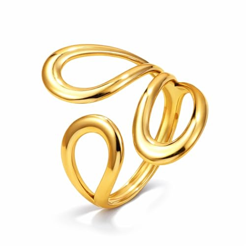 BelleFlair Bague pour femme, bague ajustable pour le pouce au design original, large bijou ouvert en acier inoxydable, résistante à l'eau, aspect épais et enveloppant (Gold)