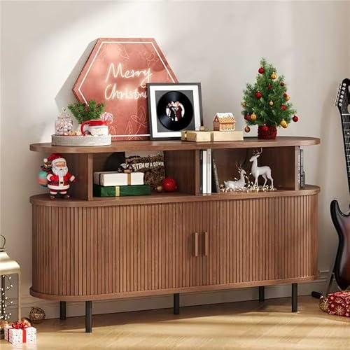 55 Large Round Record Player Stand with Charging Station, Vinyl Record Storage Cabinet, Mid Century Modern Turntable Stand with Open Shelves Holder for Bedroom Living Room, Sliding Doors (Walnut)