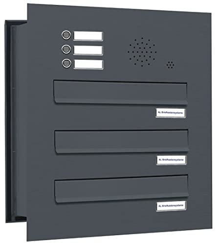 AL Briefkastensysteme 3er Briefkasten Mauerdurchwurf in Anthrazitgrau RAL 7016 mit Klingel, 3 Fach DIN A4, wetterfeste Premium Briefkastenanlage Postkasten