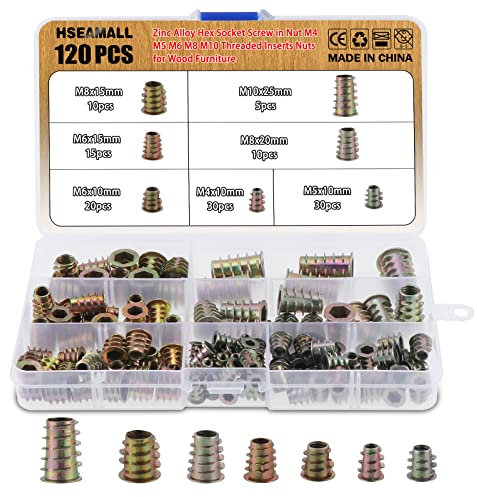 HSEAMALL 120 Stück Einschraubmutter M4 M5 M6 M8 M10 Gewindeeinsatz Holz Einschraubmuffen Gewindeeinsätze,Hex Innensechskant Mutter für Holzmöbel