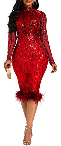 VERWIN Paljetter lappverk bodycon klänning dam långärmad klänning elegant klänning plym maxiklänning festklänning, Röd, XL